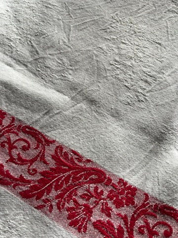 Thumbnail: Vintage French Damask Tablecloth in Red and White with Monogram MC