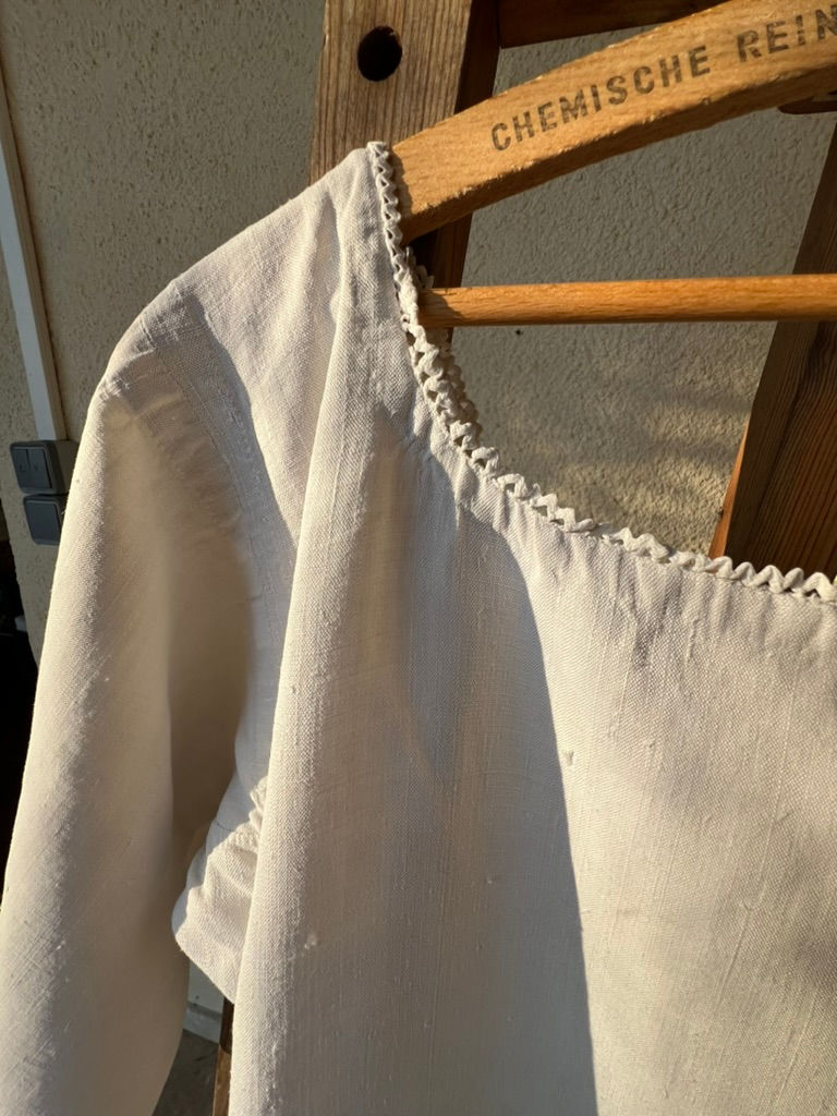 Thumbnail: Antique Handwoven Linen Chemise/Dress Red Monogram "AM" with Cotton Trim