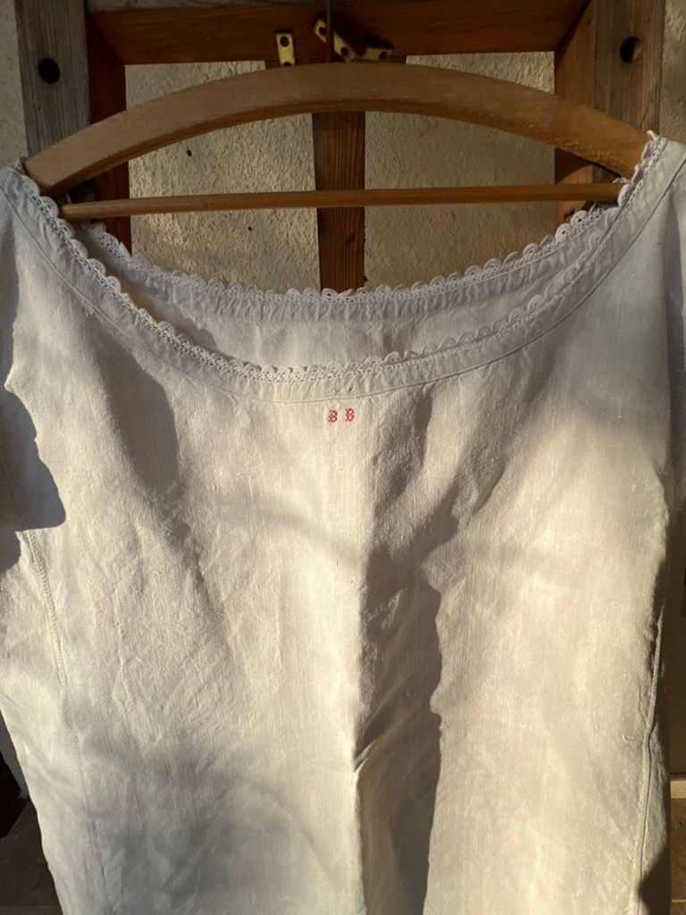 Thumbnail: Antique Handwoven Linen Chemise/Dress with Lace trim and Red Monogram "BB"