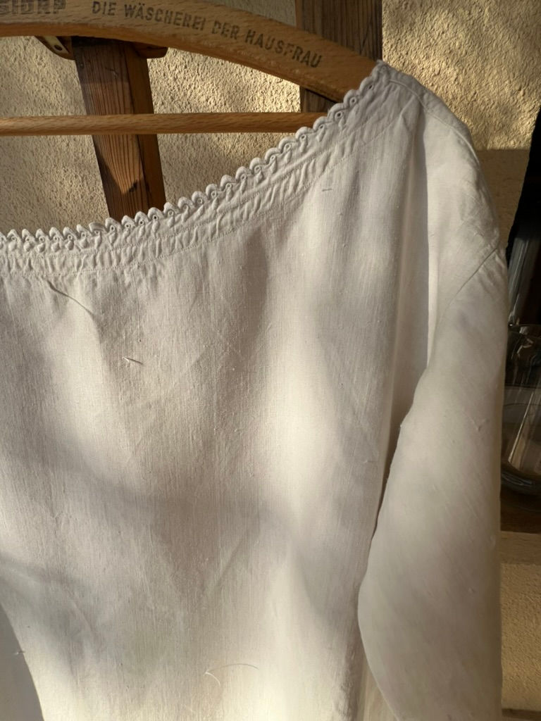Thumbnail: Antique Handwoven Linen Chemise/Dress Monogram "OM" with Scalloped Trim