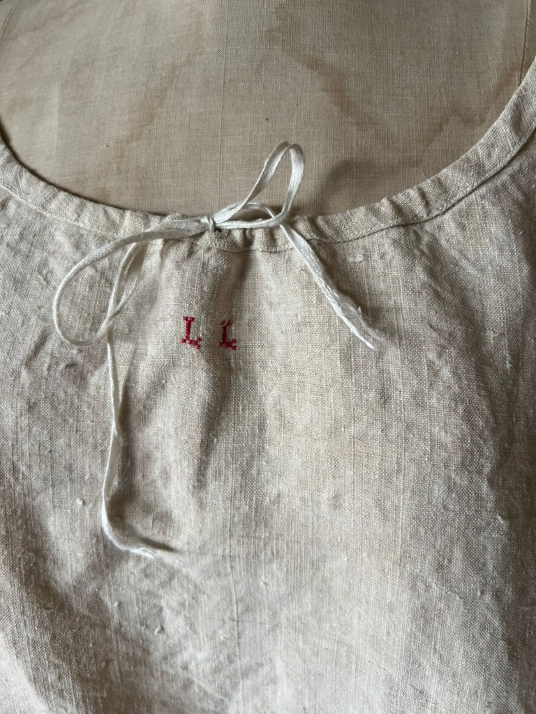 Thumbnail: Antique French Linen Chemise with Red LL Monogram and Cotton Sleeves