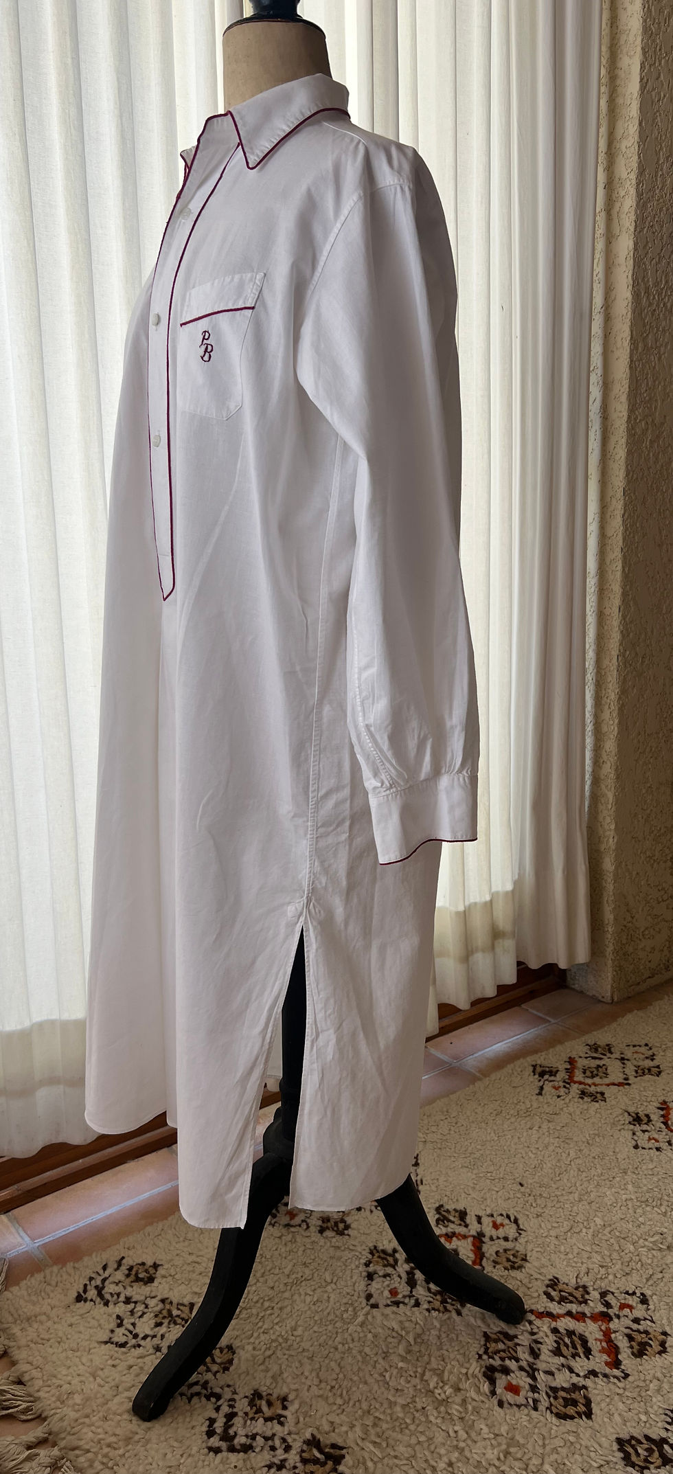 Thumbnail: Vintage French Cotton Chemise Nightshirt White with Burgundy Piping and "PB"