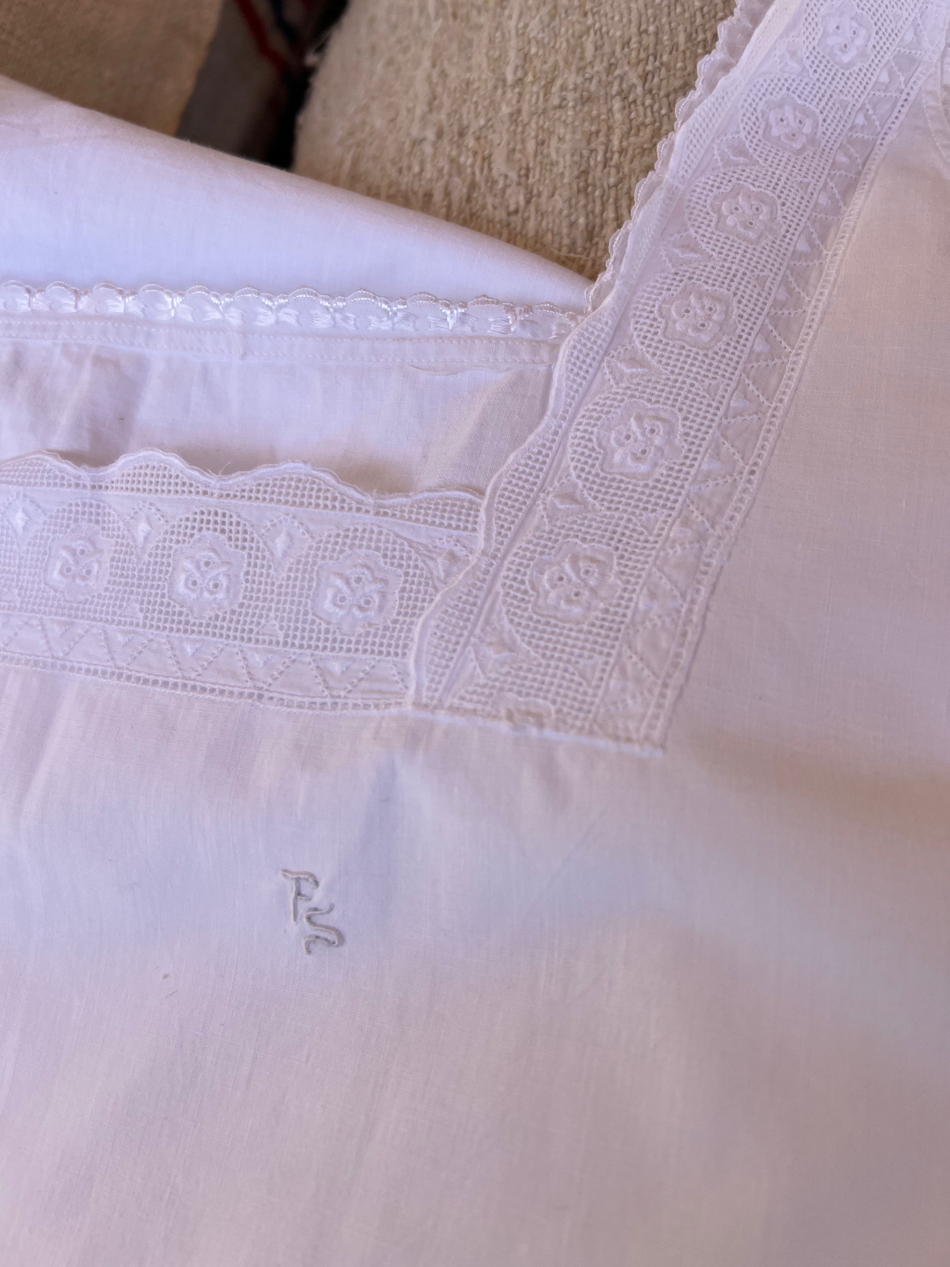 Vintage Cotton Nightdress with Square Neckline and Monogram FS