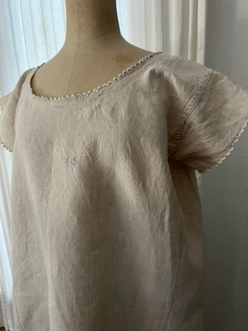 Thumbnail: Antique French Linen Chemise with White Monogram GM and ScallopTrim