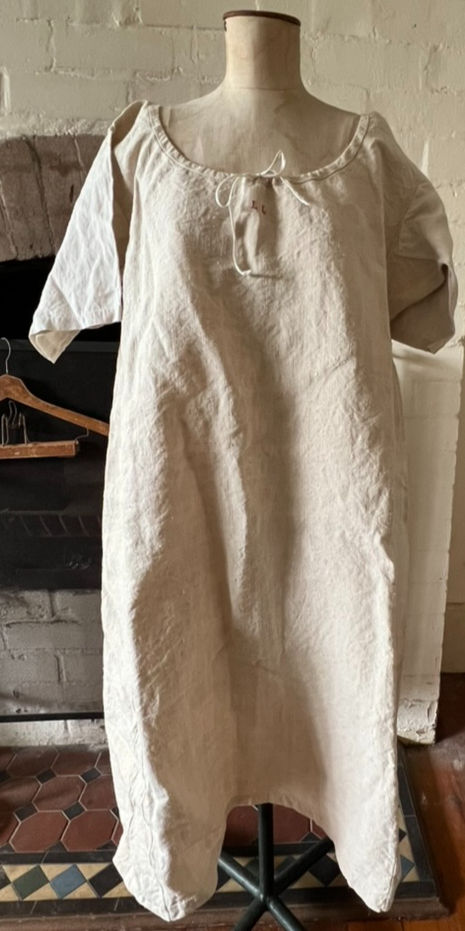 Thumbnail: Antique French Linen Chemise with Red LL Monogram and Cotton Sleeves