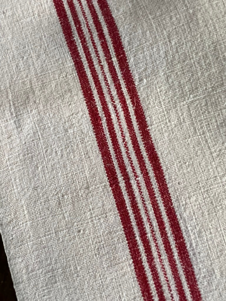 Thumbnail: Vintage Pair of Unused French Linen Torchons Red Stripes and ML Monogram