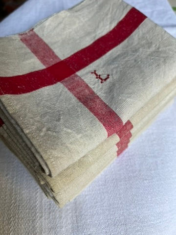 Thumbnail: Vintage Pair of French Linen Torchons / Tea Towels Monogram L and Red Stripes