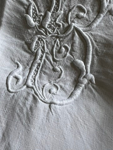 Thumbnail: Antique Handloomed French Linen Trousseau Sheet with Embroidery and Monogram FB