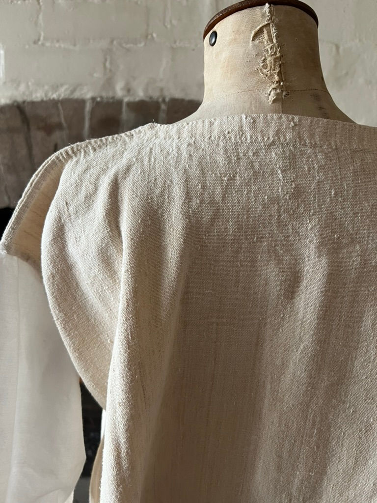 Thumbnail: Antique French Linen Hemp Chemise with MB Monogram & Cotton Sleeves