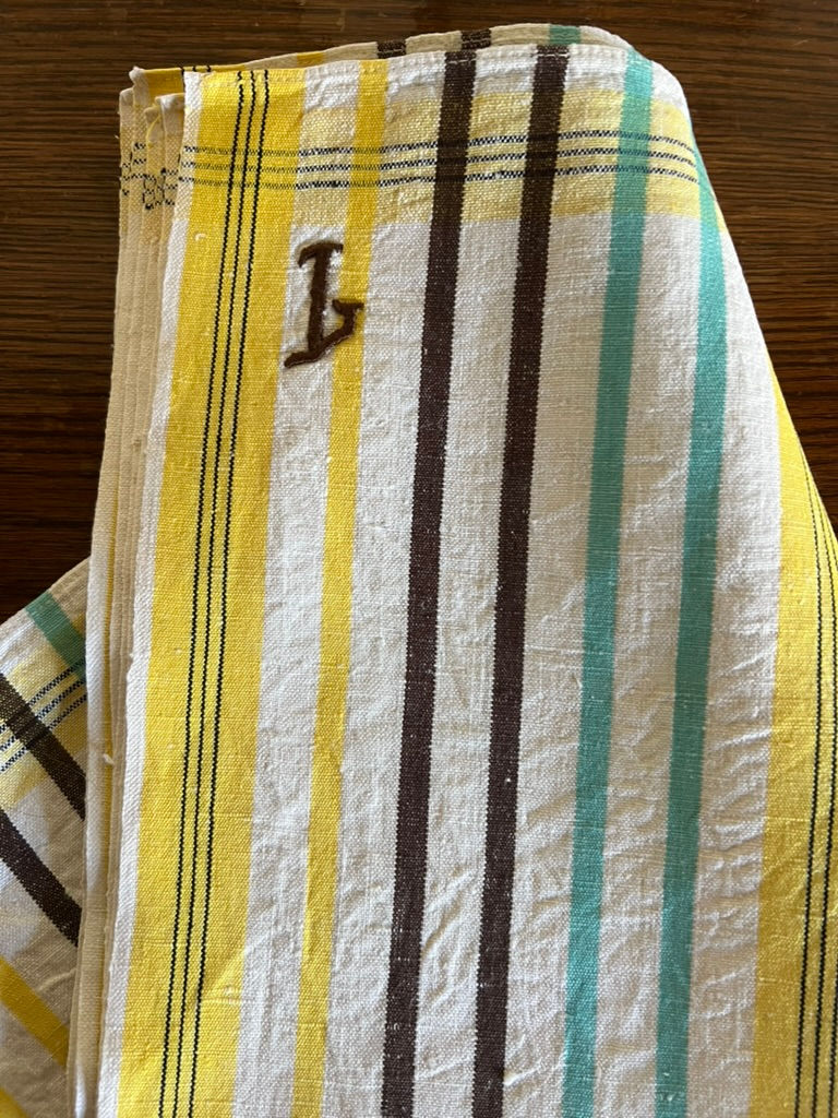 Thumbnail: Vintage Set of 6 Unused French Linen Napkins in Aqua, Yellow, Brown & L monogram