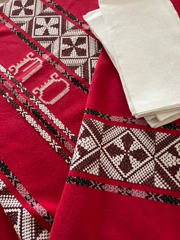 Thumbnail: Vintage French Red Basque Tablecloth with White and Black detail 'MD'