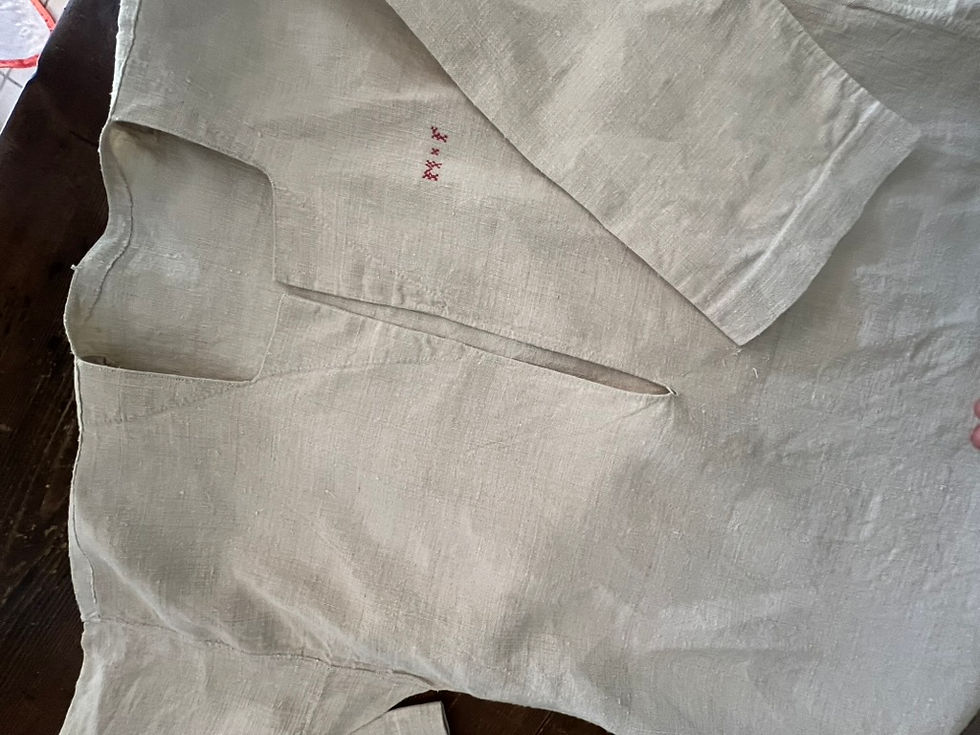 Thumbnail: Antique Hemp Linen Kaftan style Chemise/Dress with Red Monogram MF