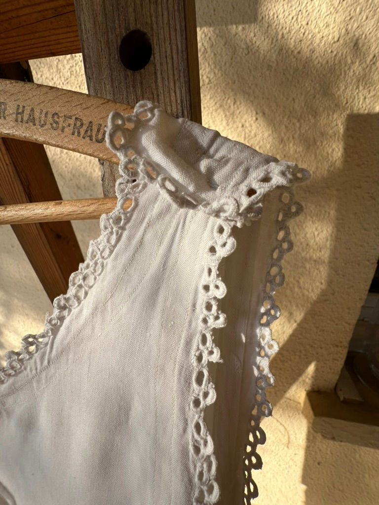 Thumbnail: Antique Fine Handwoven Linen Sleeveless Slip/Dress Monogram MM Hand Embroidery
