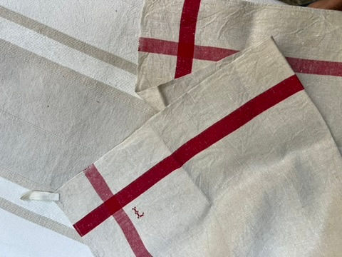 Thumbnail: Vintage Pair of French Linen Torchons / Tea Towels Monogram L and Red Stripes