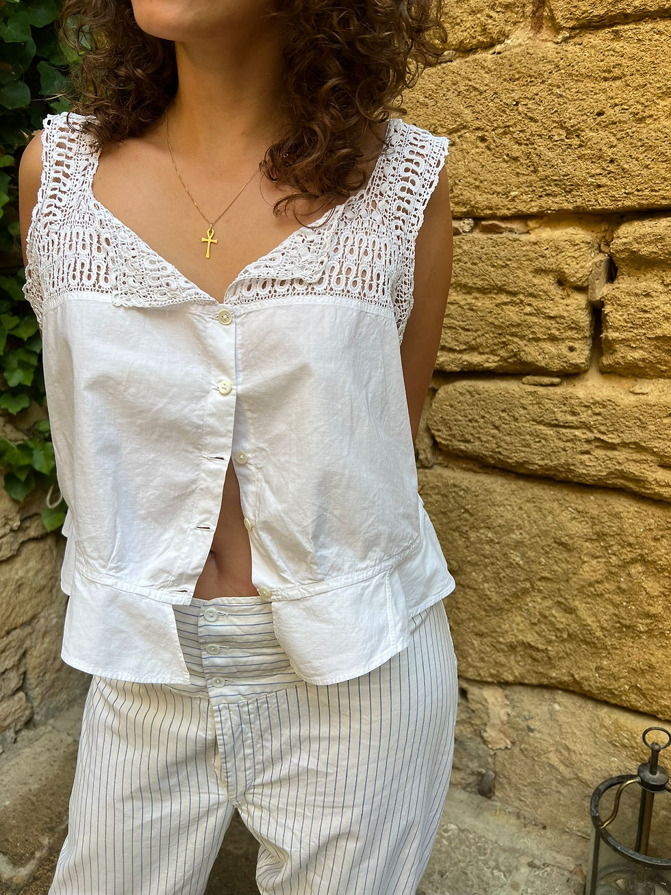 Thumbnail: Antique French Cotton and Scalloped Lace Camisole with MOP Buttons