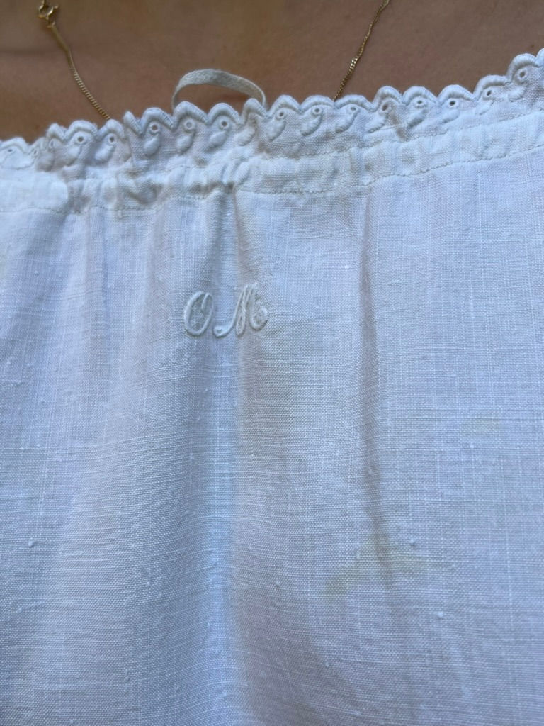 Thumbnail: Antique Handwoven Linen Chemise/Dress Monogram "OM" with Scalloped Trim