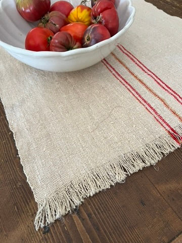 Thumbnail: Red + Tan Table Runner Antique Handloomed Linen Grain Sacking