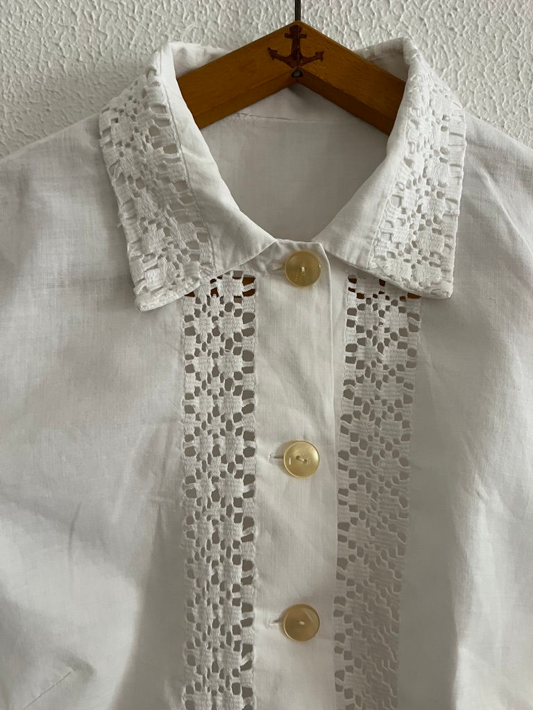 Thumbnail: Vintage French Cotton Chemise with Whitework Embroidery and Lemon Yellow Buttons