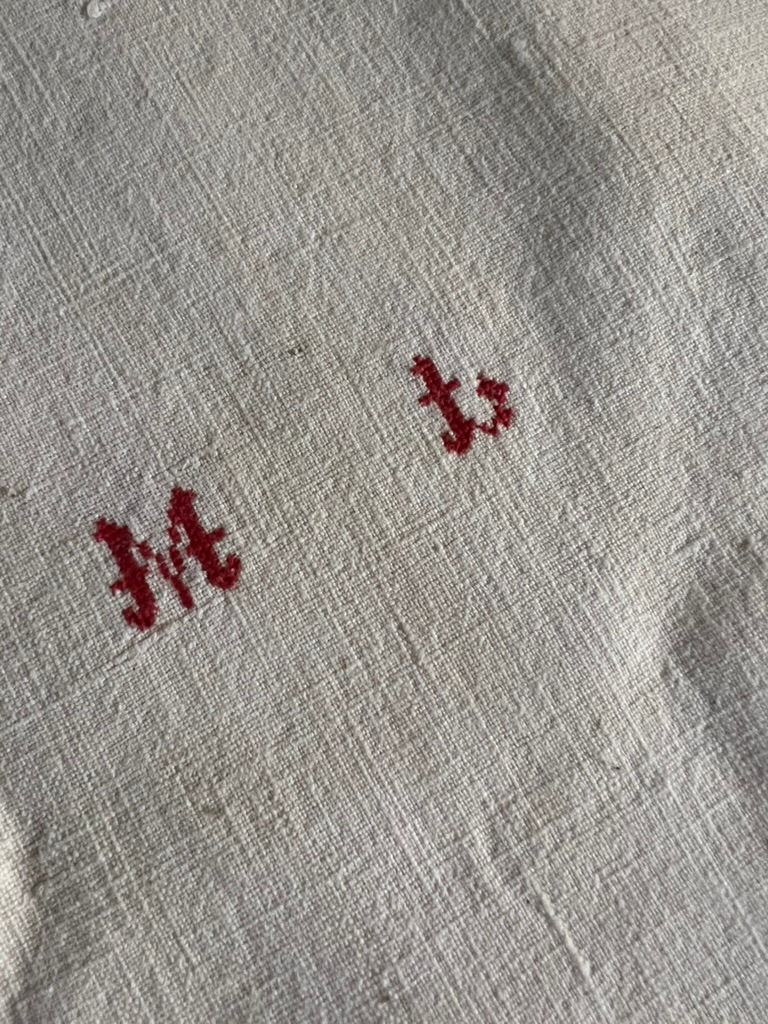 Thumbnail: Vintage Pair of Unused French Linen Torchons Red Stripes and ML Monogram
