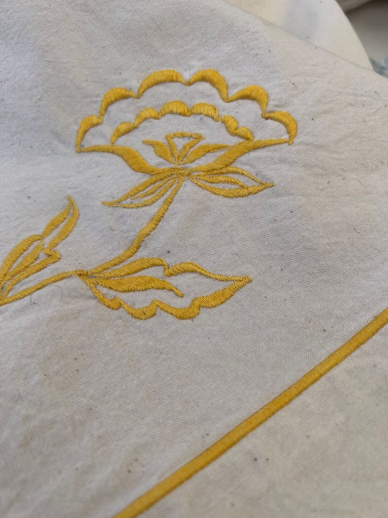Thumbnail: Vintage French Metis Sheet with Yellow Gold Floral Stitching