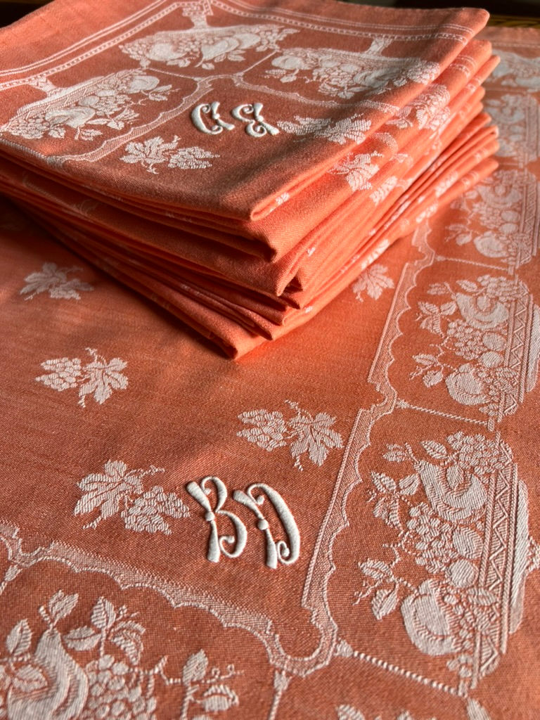 Vintage French Damask Set of 12 Napkins and Tablecloth Monogram BD