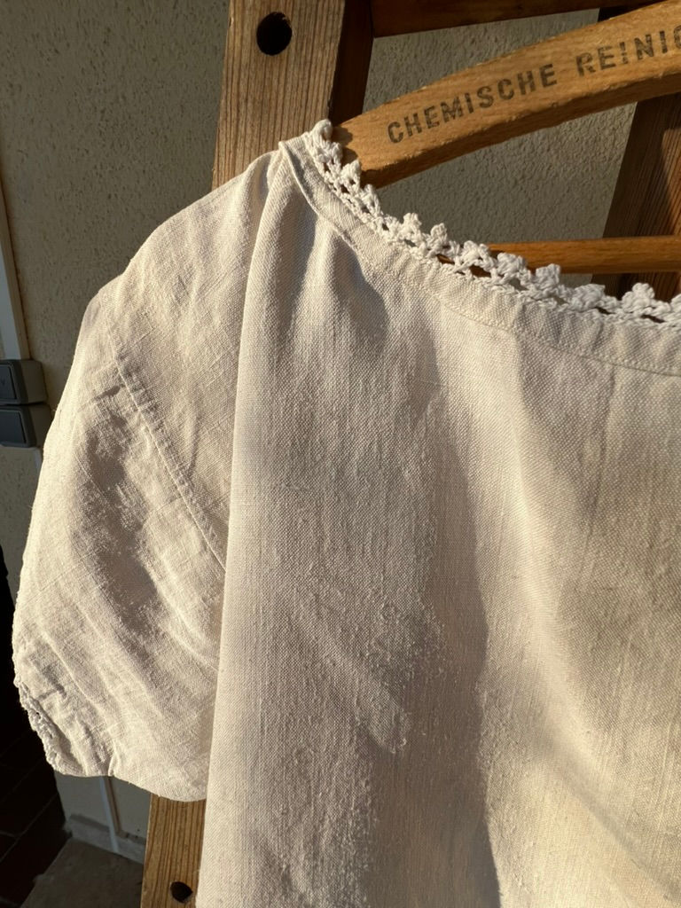Thumbnail: Antique Handwoven Linen Chemise/Dress Monogram "AM" with Crocheted Trim