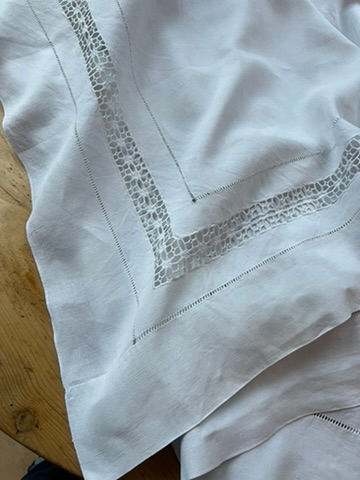 Thumbnail: Antique French Linen Trousseau Sheet Lattice Stitching Monogram CH