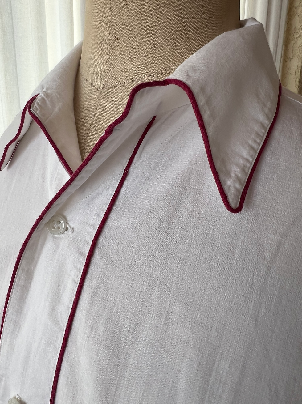 Thumbnail: Vintage French Cotton Chemise Nightshirt White with Burgundy Piping and "PB"