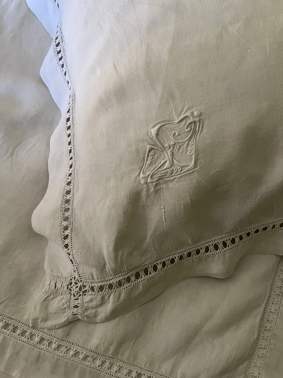 Thumbnail: Antique Pair of Linen Pillowcases with Art Nouveau Monogram and Shell Buttons