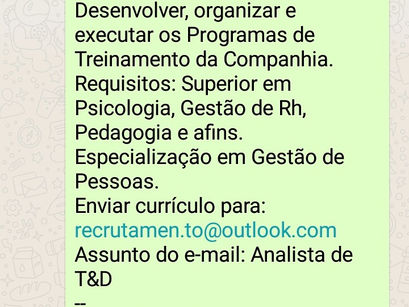 Vaga: Analista de Treinamento e Desenvolvimento (Salvador- Ba)