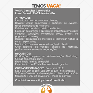 Vaga de Consultor Comercial Jr em Salvador-Ba