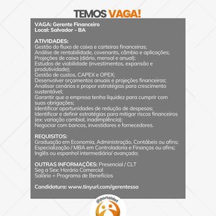 Vaga Gerente Financeiro em Salvador -Ba
