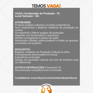 VAGA: Coordenador de Produção - PJ (SSA)