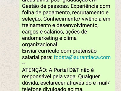 Vaga: Analista de Pessoas e Organizações Generalista-PL (Conde)