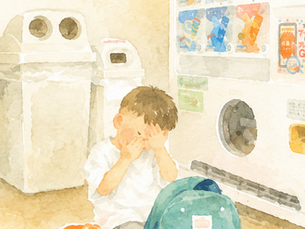 アイスの自販機の前でおこづかいを数える4歳の子どものイラスト
