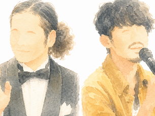 西野亮廣さんと又吉直樹さんをイメージした水彩イラスト(正解のない子育てがテーマ)