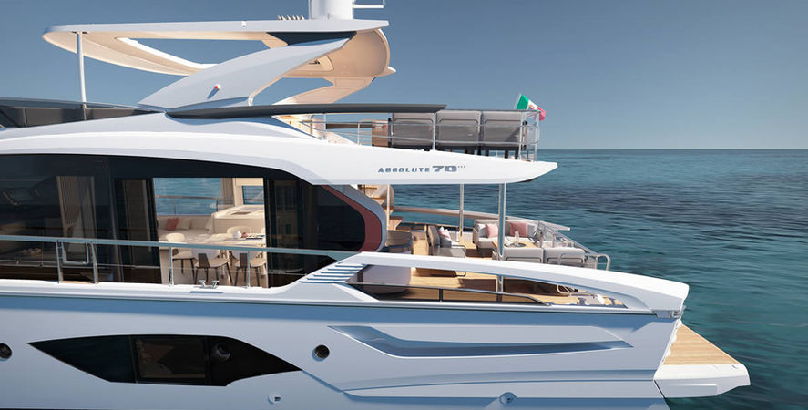 Stylish white yacht ABSOLUTE NAVETTA 75 cruising on the calm blue ocean. YPM website