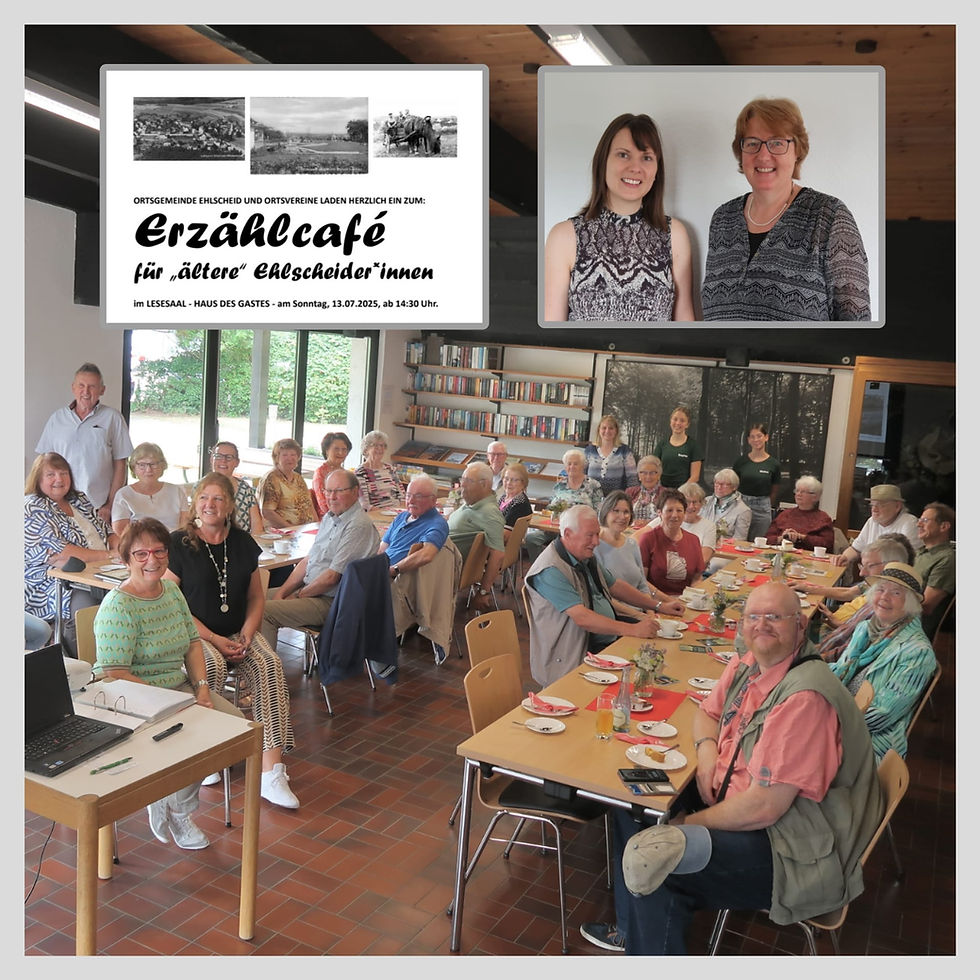 Das Gruppenfoto mit allen Gästen durfte nicht fehlen. Vorne links: Ortsbürgermeisterin Ingelore Runkel. Im kleinen Bild oben: Christina Strohmenger-Lück und Annette Meickmann-Lück, die die Bilderschau zusammenstellten.