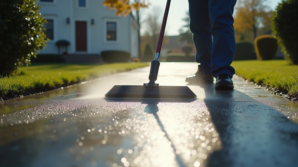 Eye-level view of a driveway being cleaned by professionals