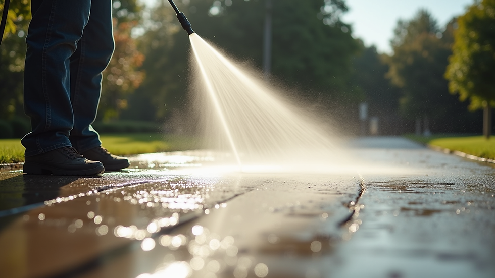 Eye-level view of a pressure washer cleaning a driveway surface