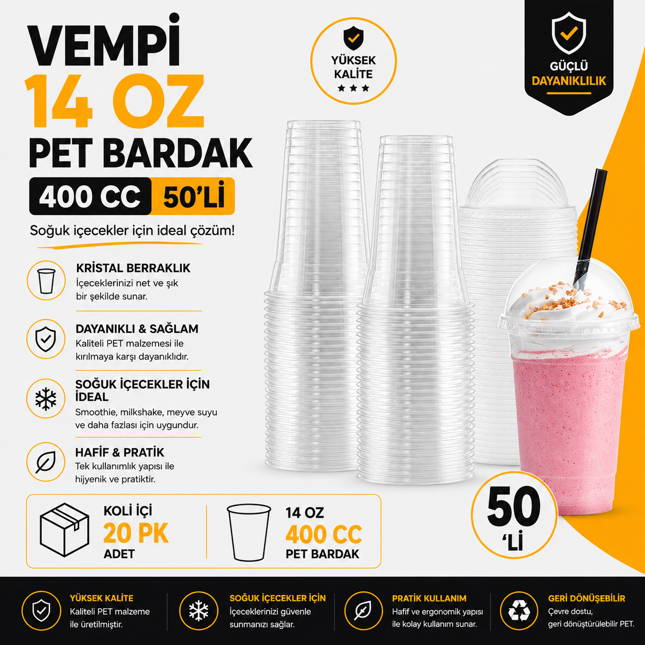 Vempi 14 OZ 400 CC Pet Bardak - 50'li - Koli İçi Adedi 20 PK 