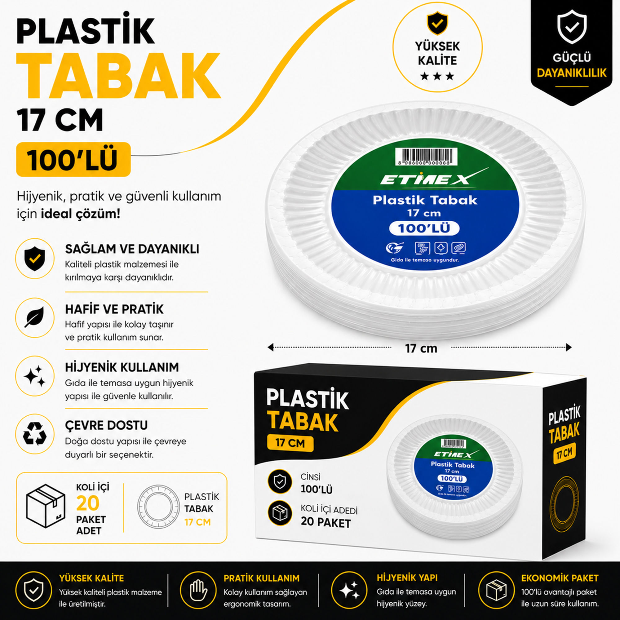 Plastik Tabak 17 Cm - 100'lü - Koli içi adedi 20 Paket