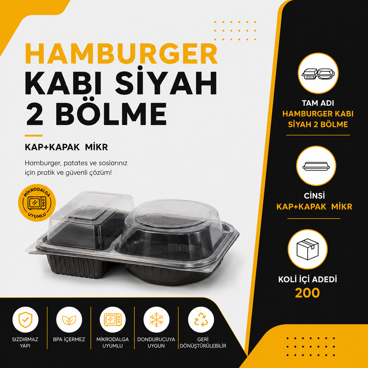 Hamburger Kabı 2 Bölmeli Siyah - Kap+Kapak Mikro - Koli içi adeti 200