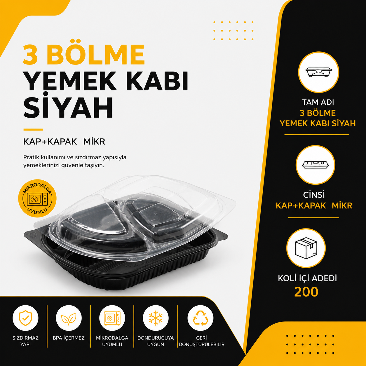 3 Bölme Yemek Kabı Siyah - - Kap+Kapak Mikro - Koli içi adeti 200