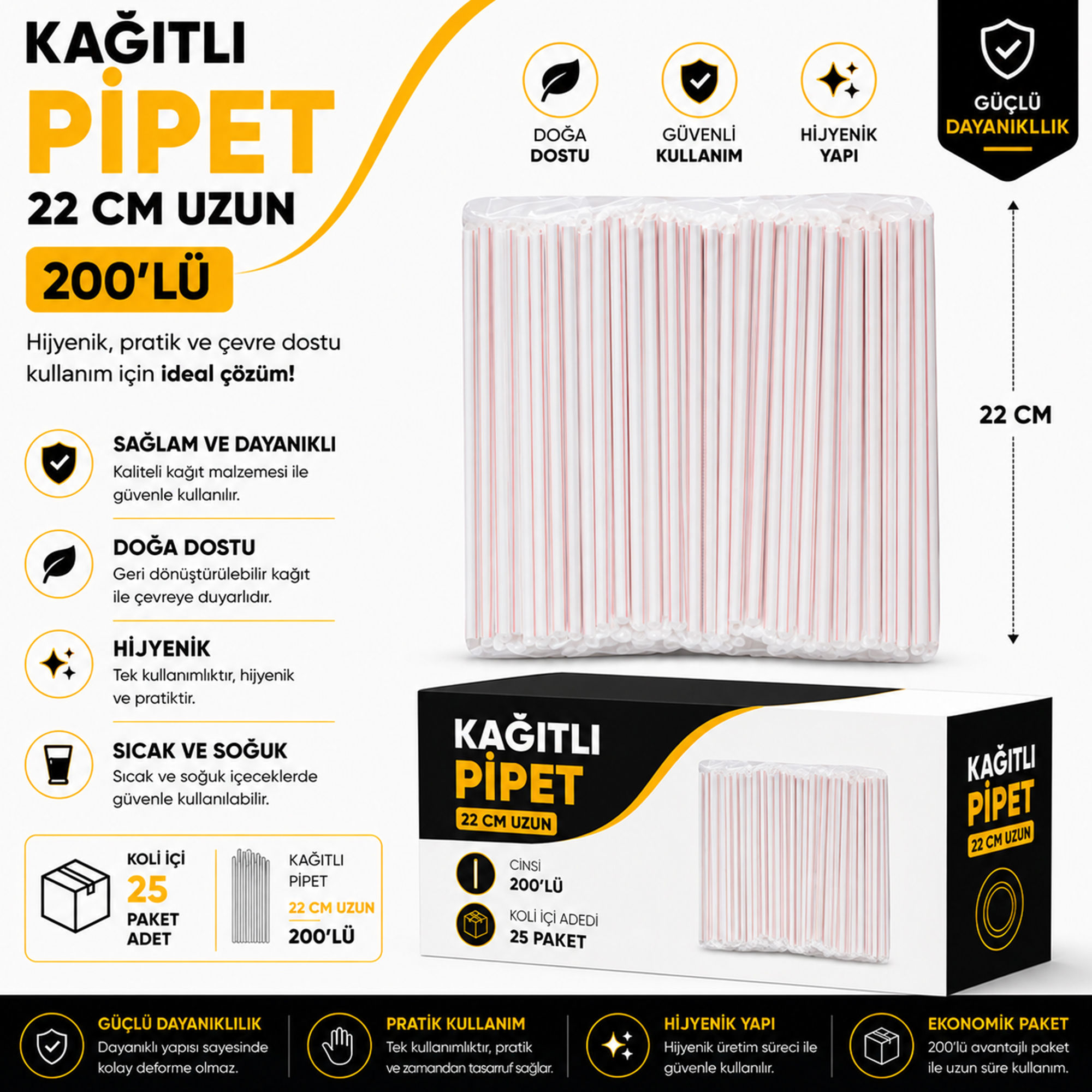 Kağıtlı Pipet 22 Cm Uzun - 200'lü - Koli içi adedi 25 Paket