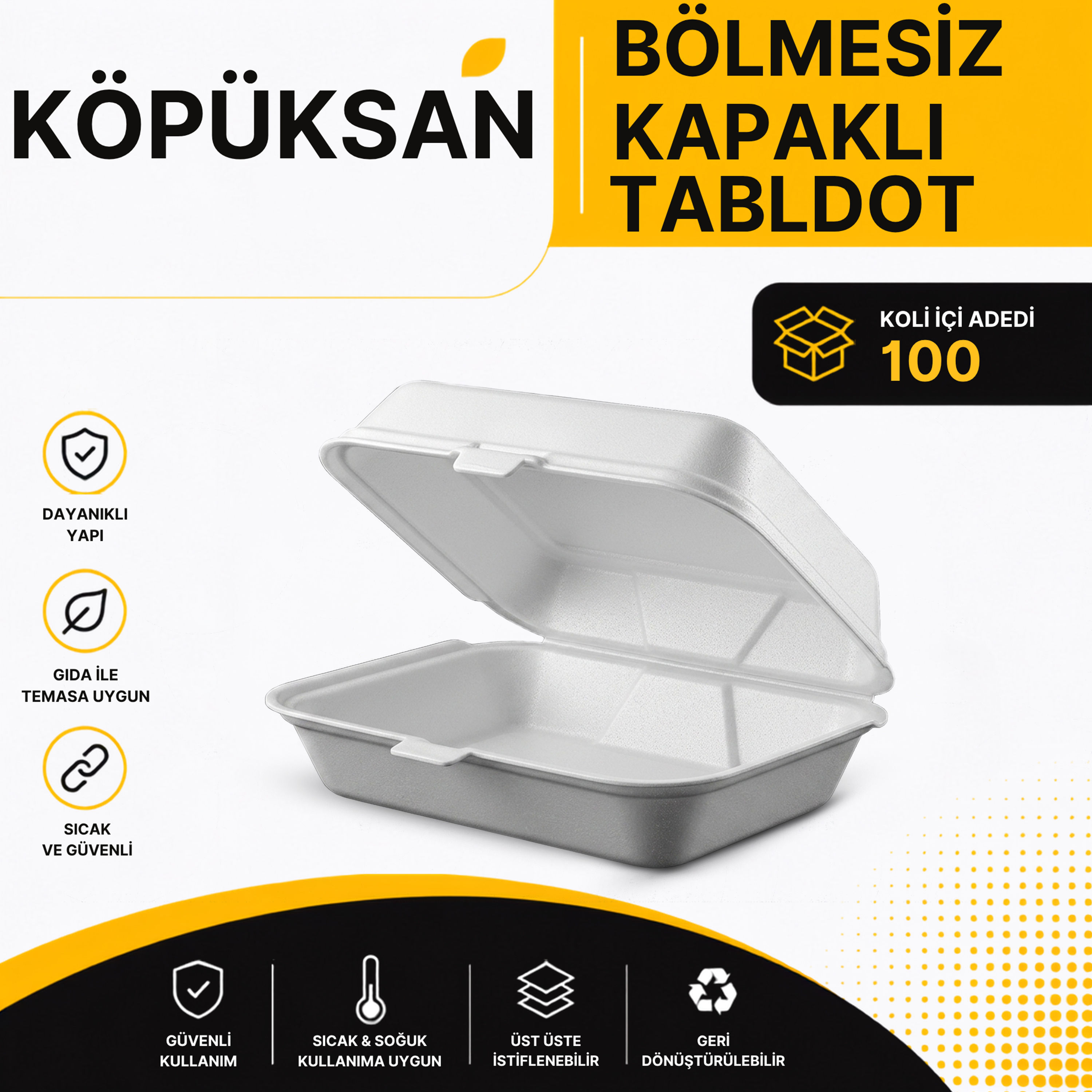 KÖPÜKSAN Bölmesiz Kapaklı Tabldot - Koli içi adeti 100