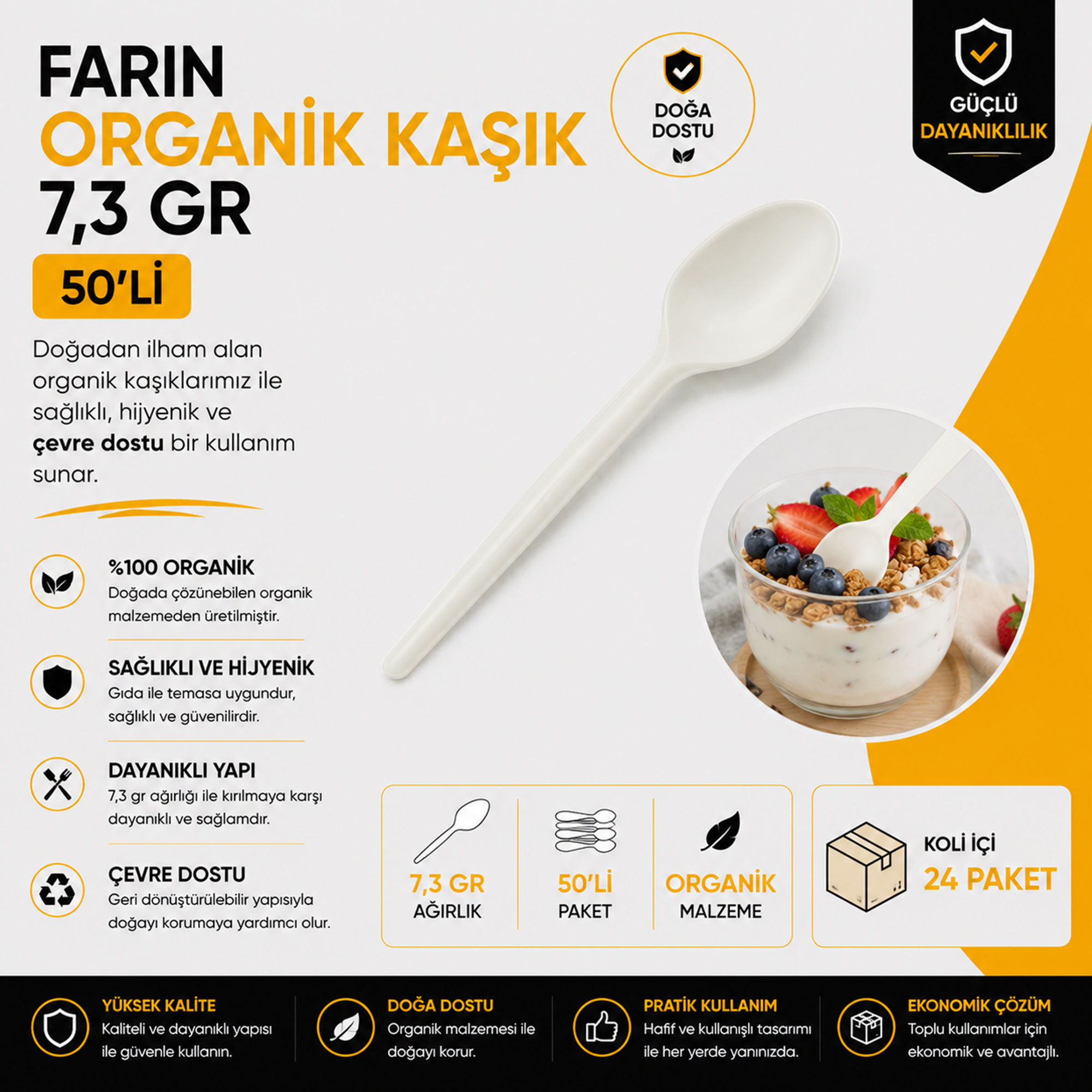 Farin Organik Kaşık 7,3 Gr - 50'li - Koli içi adedi 24 Paket