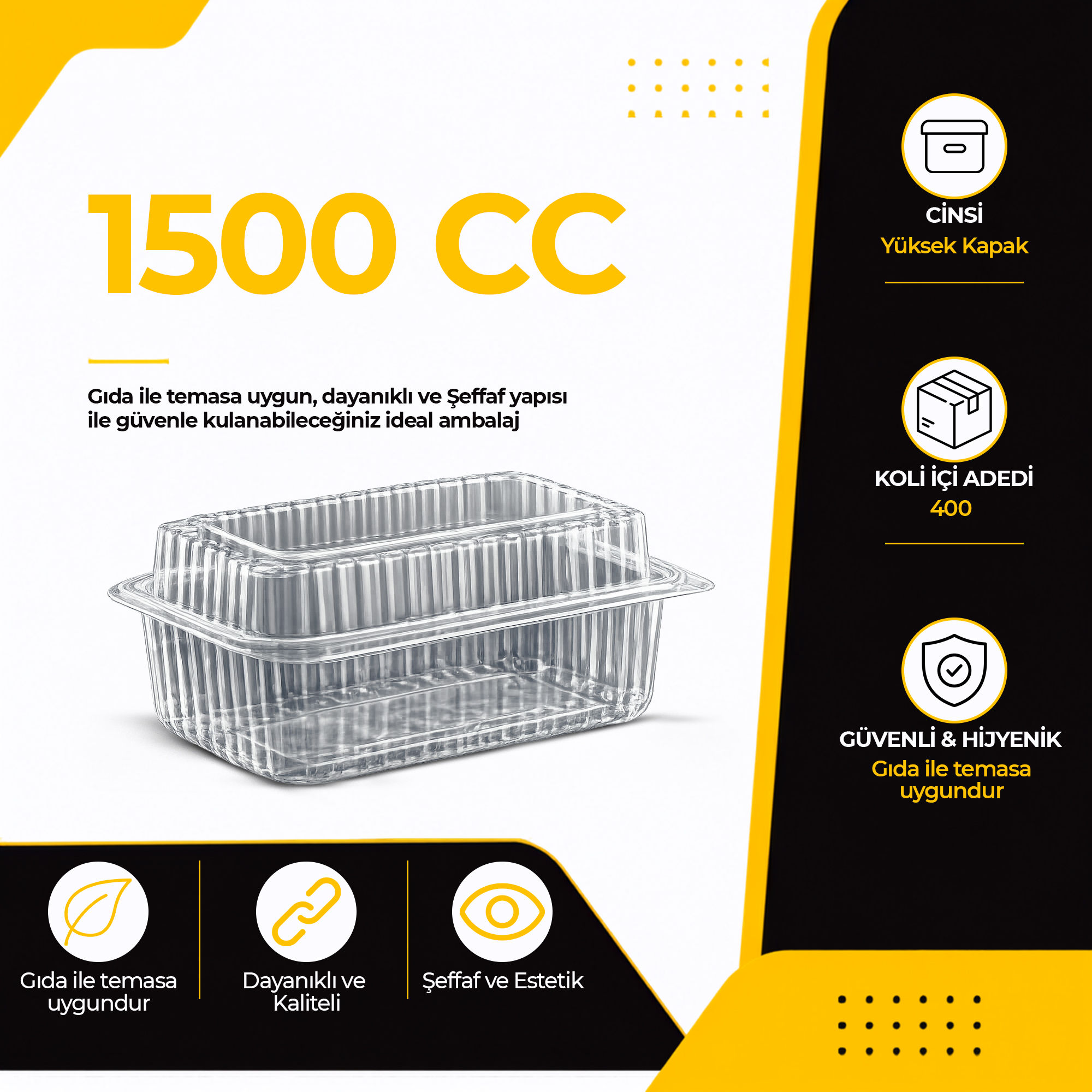 Pet Sızdırmaz 1500 CC - Yüksek Kapak - Koli içi adeti 400