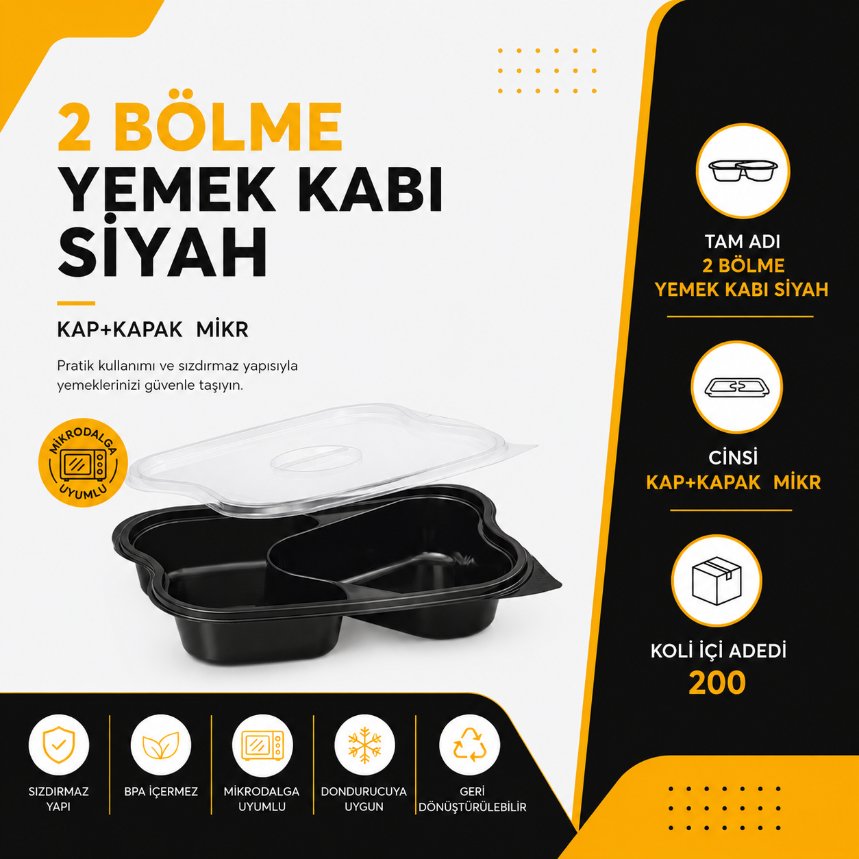 2 Bölme Yemek Kabı Siyah - - Kap+Kapak Mikro - Koli içi adeti 200