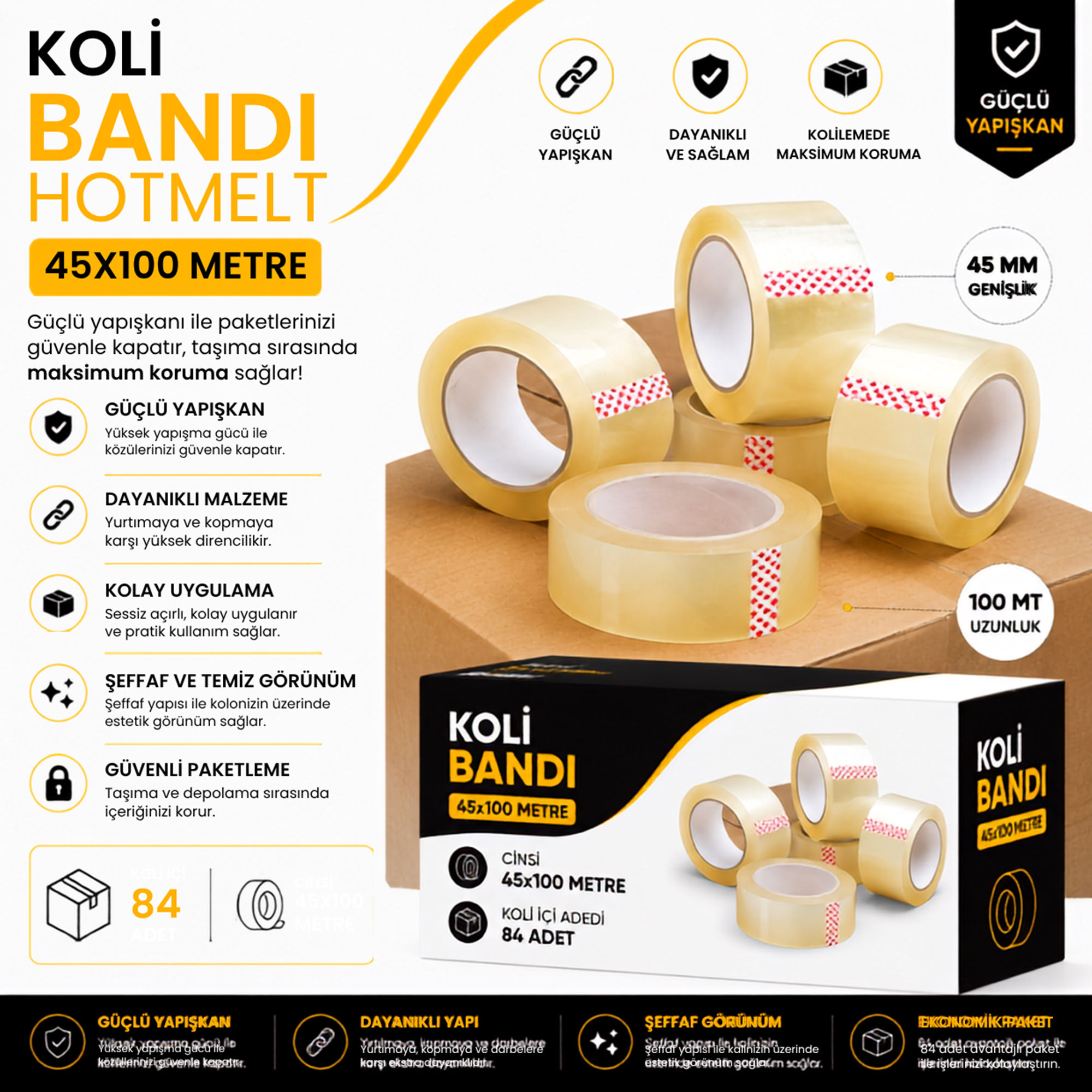 Koli Bandı Hotmelt - 45x100 Metre - Koli içi adedi 84 Adet